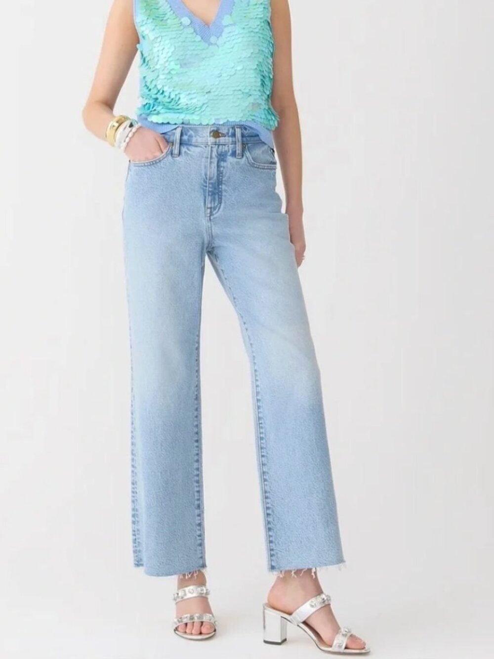J. Crew Slim Wide-Leg Jean Raw Hem High Rise Light Blue Coastal Summer Wash, 26